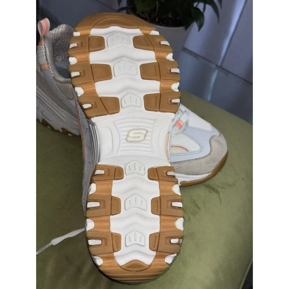 SKECHERS D'Lites Women's Memory Foam Sneaker White Peach Gray SN 149589